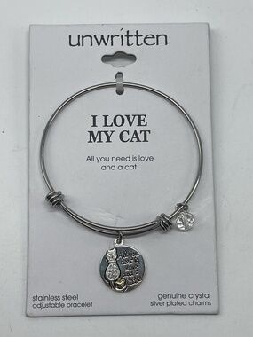 Unwritten I LOVE MY CAT Crystal Charm Bangle Bracelet New